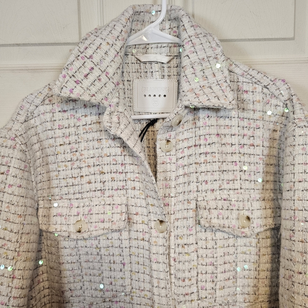 Blank NYC Grand Entrance Sequined Shirt Jacket Tweed Shacket Coat Long - Picture 9 of 10